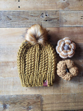 Load image into Gallery viewer, Lemon Tree Lane Adult Luxury Peruvian Wool Beanie | Bronzed Olive with Caramel Faux-Fur Pom Pom