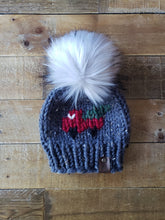 Load image into Gallery viewer, Lemon Tree Lane Baby 6-12 Months &quot;Little Red Truck&quot; Beanie | Blue-Grey Tweed with Design on Front of the Iconic Red Truck carrying a Christmas Tree/Oversized Silver Faux-Fur Pom Pom