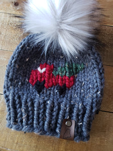 Lemon Tree Lane Baby 6-12 Months "Little Red Truck" Beanie | Blue-Grey Tweed with Design on Front of the Iconic Red Truck carrying a Christmas Tree/Oversized Silver Faux-Fur Pom Pom