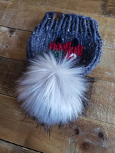 Load image into Gallery viewer, Lemon Tree Lane Baby 6-12 Months &quot;Little Red Truck&quot; Beanie | Blue-Grey Tweed with Design on Front of the Iconic Red Truck carrying a Christmas Tree/Oversized Silver Faux-Fur Pom Pom