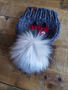 Lemon Tree Lane Baby 6-12 Months "Little Red Truck" Beanie | Blue-Grey Tweed with Design on Front of the Iconic Red Truck carrying a Christmas Tree/Oversized Silver Faux-Fur Pom Pom