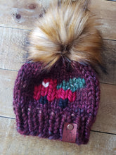 Load image into Gallery viewer, Lemon Tree Lane Baby 0-3 Months &quot;Little Red Truck&quot; Beanie | Rust Tones with Design on Front of the Iconic Red Truck carrying a Christmas Tree/Caramel Faux-Fur Pom Pom