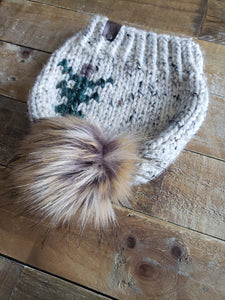 Lemon Tree Lane Adult Rustic Pines Hat | Oatmeal Tweed with Pine Tree Design/Eclipse Faux Fur Pom Pom