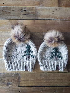 Lemon Tree Lane "Mommy and Me" Rustic Pines Hat Set:  Adult and Youth 4-8 Years | Oatmeal Tweed with Pine Tree Design/Eclipse Faux Fur Pom Pom
