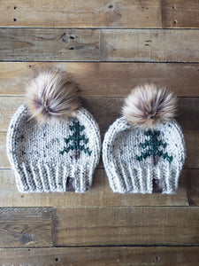 Lemon Tree Lane "Mommy and Me" Rustic Pines Hat Set:  Adult and Toddler 1-3 Years | Oatmeal Tweed with Pine Tree Design/Eclipse Faux Fur Pom Pom