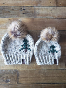 Lemon Tree Lane "Mommy and Me" Rustic Pines Hat Set:  Adult and Baby 6-12 Months | Oatmeal Tweed with Pine Tree Design/Eclipse Faux Fur Pom Pom