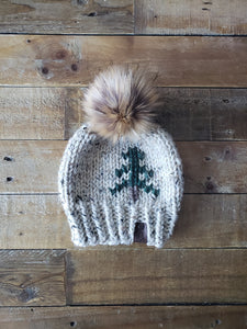 Lemon Tree Lane Youth 4-8 Years Rustic Pines Hat | Oatmeal Tweed with Pine Tree Design/Eclipse Faux Fur Pom Pom