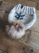 Load image into Gallery viewer, Lemon Tree Lane Youth 4-8 Years Rustic Pines Hat | Oatmeal Tweed with Pine Tree Design/Eclipse Faux Fur Pom Pom