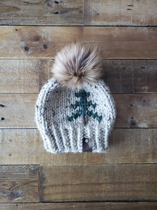 Lemon Tree Lane Toddler 1-3 Years Rustic Pines Hat | Oatmeal Tweed with Pine Tree Design/Eclipse Faux Fur Pom Pom