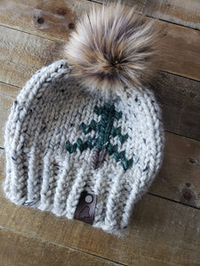 Lemon Tree Lane Toddler 1-3 Years Rustic Pines Hat | Oatmeal Tweed with Pine Tree Design/Eclipse Faux Fur Pom Pom