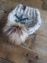Load image into Gallery viewer, Lemon Tree Lane Toddler 1-3 Years Rustic Pines Hat | Oatmeal Tweed with Pine Tree Design/Eclipse Faux Fur Pom Pom