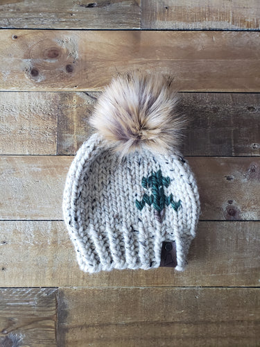 Lemon Tree Lane Baby 6-12 Months Rustic Pines Hat | Oatmeal Tweed with Pine Tree Design/Eclipse Faux Fur Pom Pom