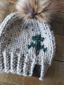 Lemon Tree Lane Baby 6-12 Months Rustic Pines Hat | Oatmeal Tweed with Pine Tree Design/Eclipse Faux Fur Pom Pom