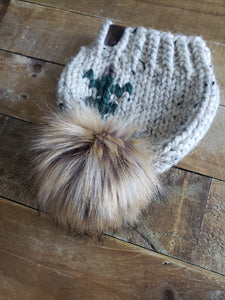 Lemon Tree Lane Baby 6-12 Months Rustic Pines Hat | Oatmeal Tweed with Pine Tree Design/Eclipse Faux Fur Pom Pom