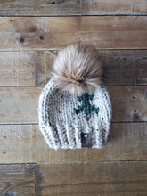 Load image into Gallery viewer, Lemon Tree Lane Baby 3-6 Months Rustic Pines Hat | Oatmeal Tweed with Pine Tree Design/Eclipse Faux Fur Pom Pom