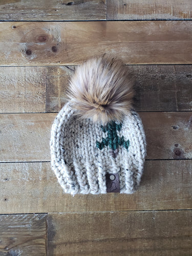 Lemon Tree Lane Baby 6-12 Months Rustic Pines Hat | Oatmeal Tweed with Pine Tree Design/Eclipse Faux Fur Pom Pom