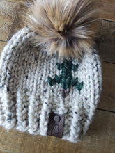 Load image into Gallery viewer, Lemon Tree Lane Baby 3-6 Months Rustic Pines Hat | Oatmeal Tweed with Pine Tree Design/Eclipse Faux Fur Pom Pom