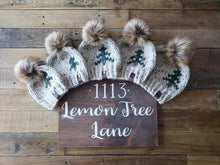 Load image into Gallery viewer, Lemon Tree Lane Baby 6-12 Months Rustic Pines Hat | Oatmeal Tweed with Pine Tree Design/Eclipse Faux Fur Pom Pom