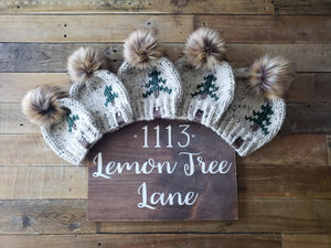 Lemon Tree Lane Baby 6-12 Months Rustic Pines Hat | Oatmeal Tweed with Pine Tree Design/Eclipse Faux Fur Pom Pom