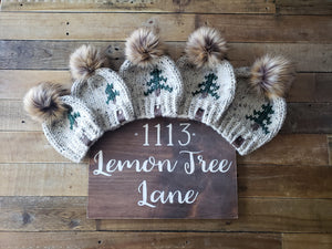 Lemon Tree Lane "Mommy and Me" Rustic Pines Hat Set:  Adult and Youth 4-8 Years | Oatmeal Tweed with Pine Tree Design/Eclipse Faux Fur Pom Pom