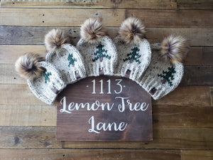 Lemon Tree Lane "Mommy and Me" Rustic Pines Hat Set:  Adult and Toddler 1-3 Years | Oatmeal Tweed with Pine Tree Design/Eclipse Faux Fur Pom Pom