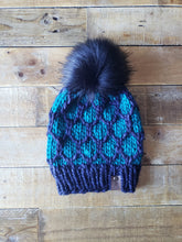 Load image into Gallery viewer, Lemon Tree Lane Adult Luxury Kettle-Dyed Malabrigo Merino Wool &quot;Looking Glass&quot; Beanie | Navy and Teal with Oversized Black Faux-Fur Pom Pom