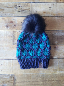 Lemon Tree Lane Adult Luxury Kettle-Dyed Malabrigo Merino Wool "Looking Glass" Beanie | Navy and Teal with Oversized Black Faux-Fur Pom Pom