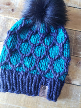 Load image into Gallery viewer, Lemon Tree Lane Adult Luxury Kettle-Dyed Malabrigo Merino Wool &quot;Looking Glass&quot; Beanie | Navy and Teal with Oversized Black Faux-Fur Pom Pom