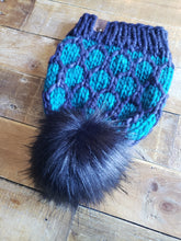 Load image into Gallery viewer, Lemon Tree Lane Adult Luxury Kettle-Dyed Malabrigo Merino Wool &quot;Looking Glass&quot; Beanie | Navy and Teal with Oversized Black Faux-Fur Pom Pom