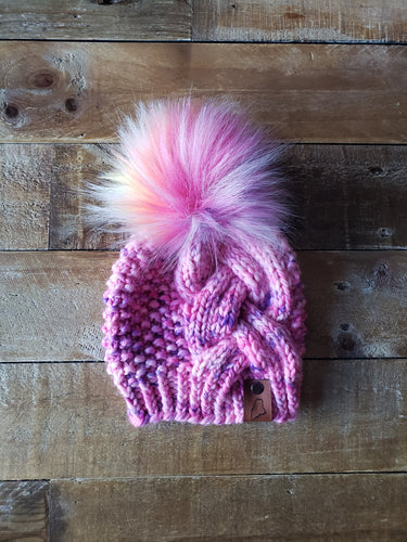 Lemon Tree Lane Baby Braid Beanie 6-12 Months | Pink and Purple with Rainbow Faux Fur Pom Pom