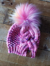 Load image into Gallery viewer, Lemon Tree Lane Baby Braid Beanie 6-12 Months | Pink and Purple with Rainbow Faux Fur Pom Pom