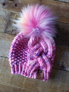 Lemon Tree Lane Baby Braid Beanie 6-12 Months | Pink and Purple with Rainbow Faux Fur Pom Pom
