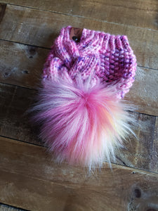 Lemon Tree Lane Baby Braid Beanie 6-12 Months | Pink and Purple with Rainbow Faux Fur Pom Pom