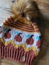 Load image into Gallery viewer, Lemon Tree Lane Adult Pumpkin Patch Slouchy Beanie  |  Gold, Mahogany and Cream with Whimsical Pumpkin Design and Caramel Faux-Fur Pom Pom