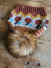 Load image into Gallery viewer, Lemon Tree Lane Adult Pumpkin Patch Slouchy Beanie  |  Gold, Mahogany and Cream with Whimsical Pumpkin Design and Caramel Faux-Fur Pom Pom