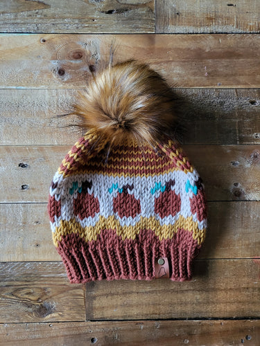 Lemon Tree Lane Adult Pumpkin Patch Slouchy Beanie  |  Gold, Mahogany and Cream with Whimsical Pumpkin Design and Caramel Faux-Fur Pom Pom