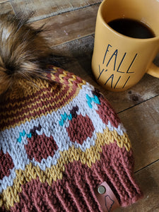 Lemon Tree Lane Adult Pumpkin Patch Slouchy Beanie  |  Gold, Mahogany and Cream with Whimsical Pumpkin Design and Caramel Faux-Fur Pom Pom