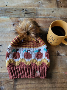 Lemon Tree Lane Adult Pumpkin Patch Slouchy Beanie  |  Gold, Mahogany and Cream with Whimsical Pumpkin Design and Caramel Faux-Fur Pom Pom