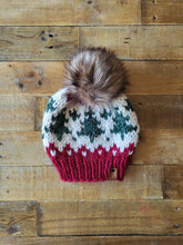 Load image into Gallery viewer, Lemon Tree Lane Adult Wintry Pines Hat | Red Brim with Pine Tree Design/Classic Striped Brown Faux Fur Pom Pom