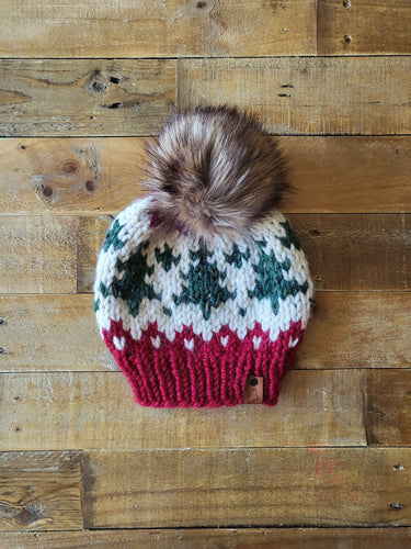 Lemon Tree Lane Adult Wintry Pines Hat | Red Brim with Pine Tree Design/Classic Striped Brown Faux Fur Pom Pom