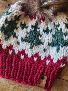 Lemon Tree Lane Adult Wintry Pines Hat | Red Brim with Pine Tree Design/Classic Striped Brown Faux Fur Pom Pom