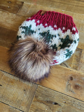 Load image into Gallery viewer, Lemon Tree Lane Adult Wintry Pines Hat | Red Brim with Pine Tree Design/Classic Striped Brown Faux Fur Pom Pom