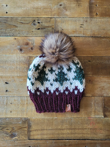 Lemon Tree Lane Adult Wintry Pines Hat | Claret Brim with Pine Tree Design/Classic Striped Brown Faux Fur Pom Pom