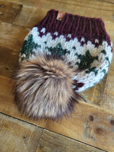 Lemon Tree Lane Adult Wintry Pines Hat | Claret Brim with Pine Tree Design/Classic Striped Brown Faux Fur Pom Pom