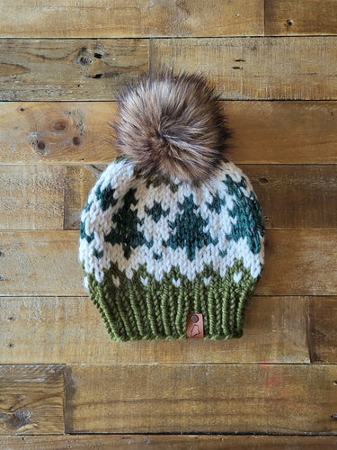 Lemon Tree Lane Adult Wintry Pines Hat | Olive Green Brim with Pine Tree Design/Classic Striped Brown Faux Fur Pom Pom