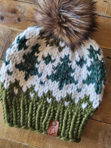 Lemon Tree Lane Adult Wintry Pines Hat | Olive Green Brim with Pine Tree Design/Classic Striped Brown Faux Fur Pom Pom