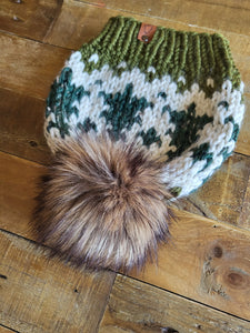 Lemon Tree Lane Adult Wintry Pines Hat | Olive Green Brim with Pine Tree Design/Classic Striped Brown Faux Fur Pom Pom