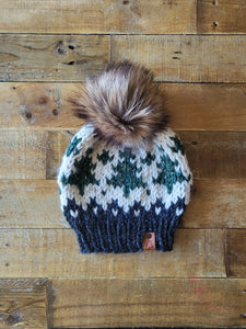 Lemon Tree Lane Adult Wintry Pines Hat | Charcoal Grey Brim with Pine Tree Design/Classic Striped Brown Faux Fur Pom Pom