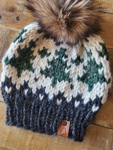 Lemon Tree Lane Adult Wintry Pines Hat | Charcoal Grey Brim with Pine Tree Design/Classic Striped Brown Faux Fur Pom Pom