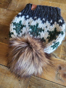 Lemon Tree Lane Adult Wintry Pines Hat | Charcoal Grey Brim with Pine Tree Design/Classic Striped Brown Faux Fur Pom Pom